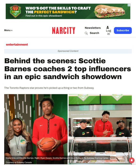 A screenshot of a sponsored article for Subway Canada featuring a display ad.