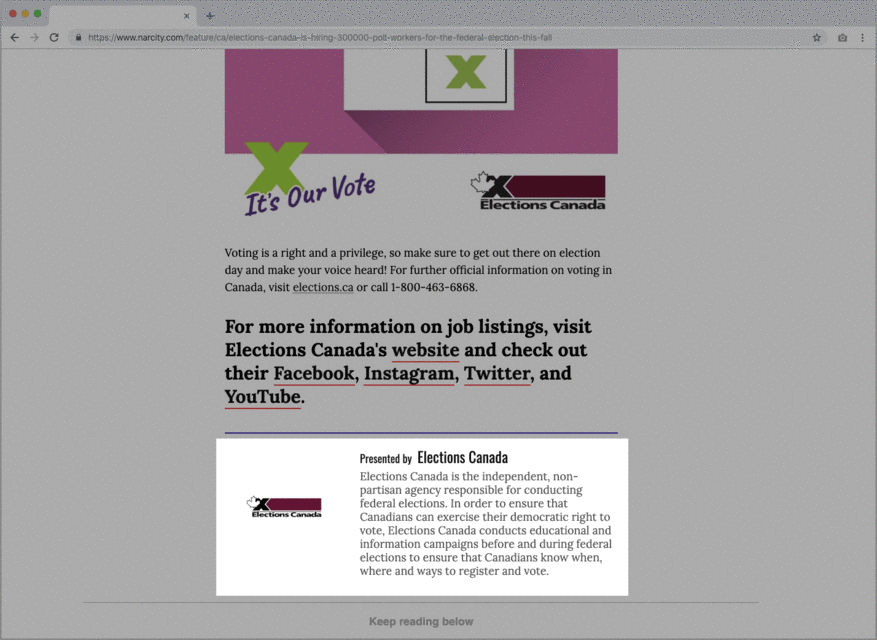 'presented by elections canada' transparency in a narcity canada article